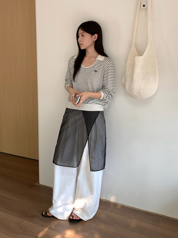 TG 韩版休闲条纹U领套头针织POLO衫女2025秋季新款长袖毛衣25504|undefined