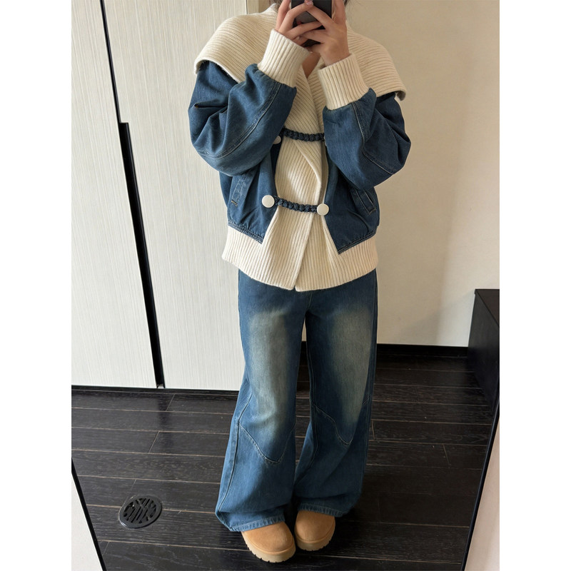French-style vintage denim suit for women, new early autumn knit patchwork jacket with high-waisted wide-leg pants, slimming two-piece set, trendy French-style vintage denim suit for women, new early autumn knit patchwork jacket with high-waisted wide-leg pants, slimming two-piece set, trendy