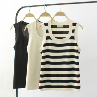 Large Size Women's Clothing Summer New Striped Ice Cool Silk Small Vest Slim-Fit Slimming Casual Sleeveless Base Shirt 423002