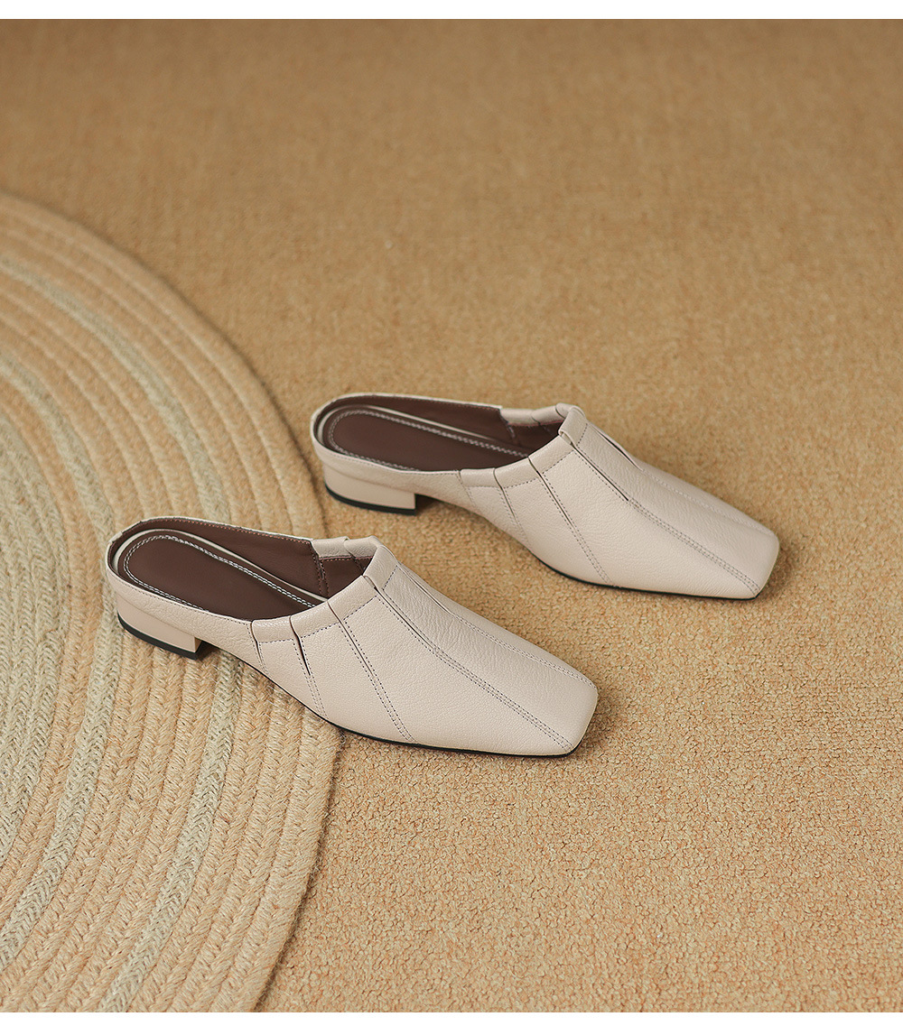 Giày mule nữ da dê mũi vuông đế bệt, phong cách Hàn Quốc — đen chi tiết 17
