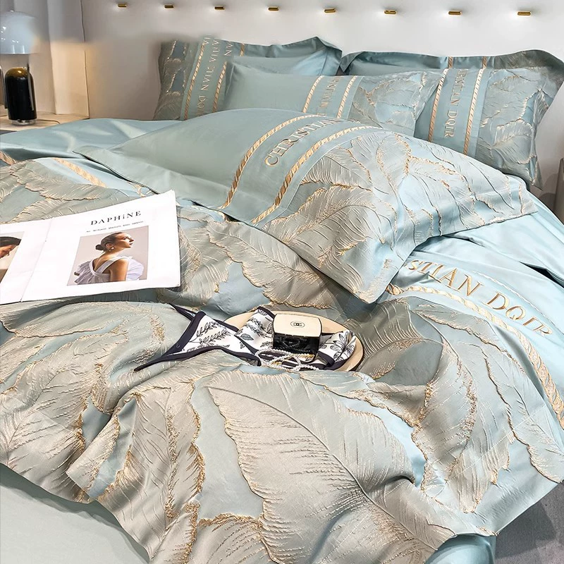 Хлопковый комплект из четырех предметов, элегантное пододеяльник из чистого хлопка с золотым шелковым жаккардовым шитьем, простыни и натяжные простыни, элегантное постельное белье оптом.