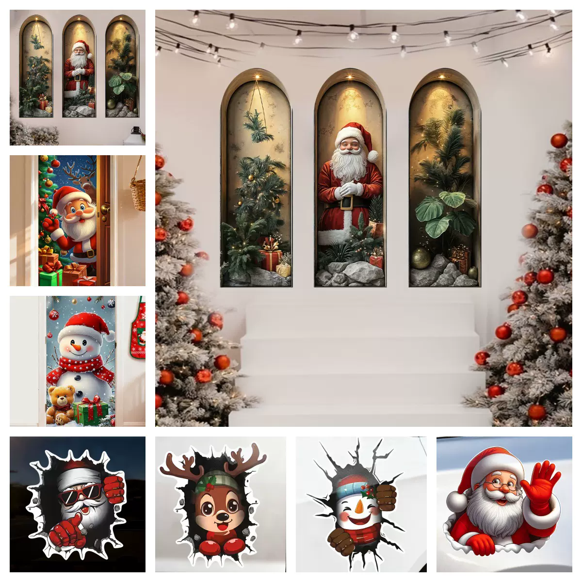 新款圣诞老人雪人贴纸 节日派对拍照装饰门贴车贴自粘PVC墙贴批发