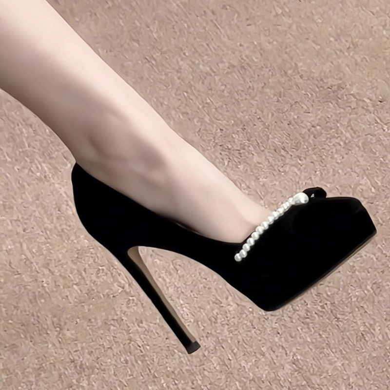 Женские элегантные туфли-стилето на высокой платформе, водонепроницаемые, черные, с жемчужным декором и заостренным носком, новинка весны 2025 года.