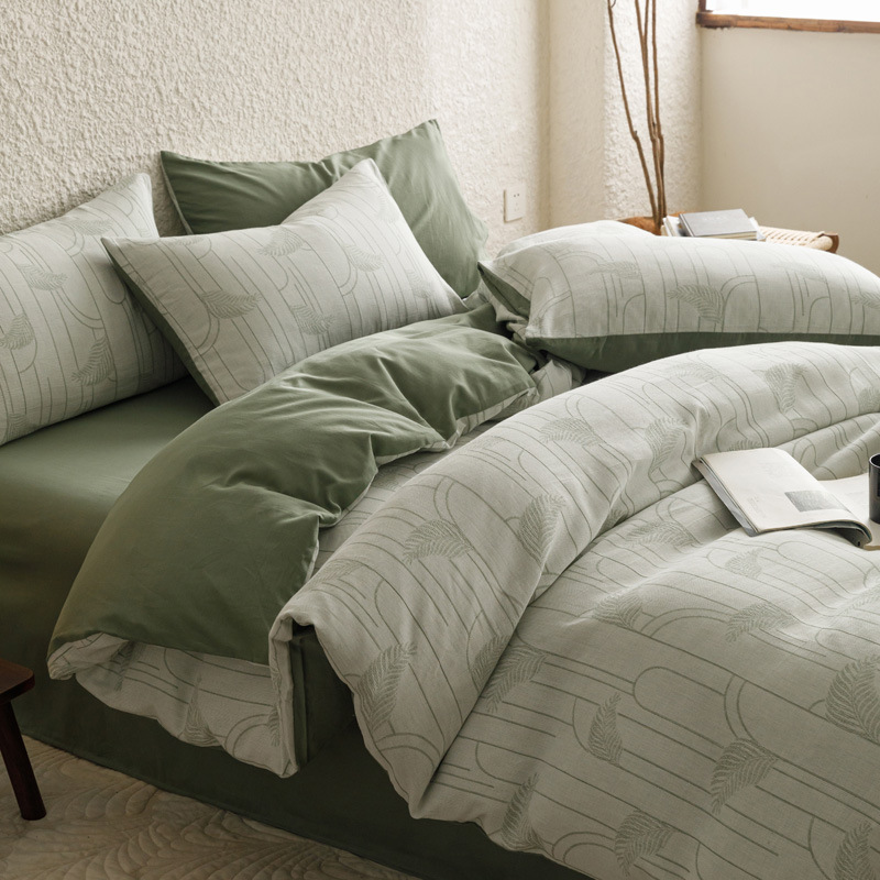 Clase ligera de lujo A algodón lavado de algodón de cuatro piezas de tres capas de hilo jacquard edredón cubierta sábana de algodón de fibra larga cama de algodón de cuatro piezas