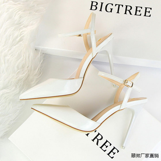 Spring 2024 New Pointed Shoes Patent Leather Metallic Sandals Stiletto Heel High Heels All-match One-line Buckle Baotou Single Cuiwei