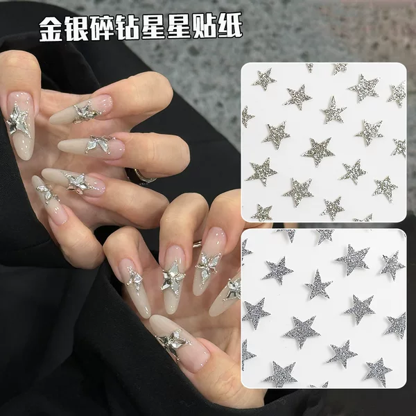 YUEJI Hot New Transparent Bottom Gold and Silver Broken Diamond Star Nail Art Stickers Internet Red Five-pointed Star Decorative Stickers