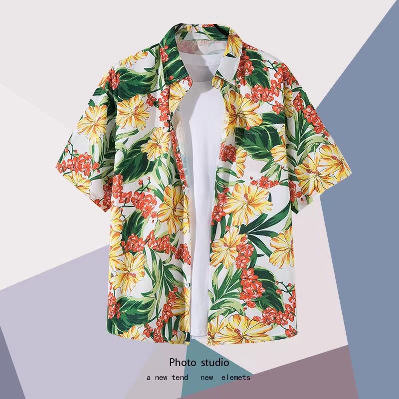 Summer Beach floral hombres y mujeres camisa delgada ins moda hawaiana transfronteriza suelta tie-dyed manga corta pareja camisa