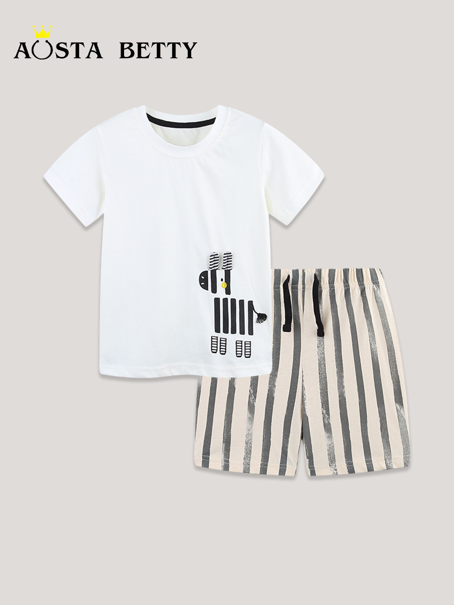Traje de manga corta para niños de verano transfronterizo Camiseta de cuello redondo para niños impresa de moda Conjunto de pantalones cortos para niños de punto de 2 piezas