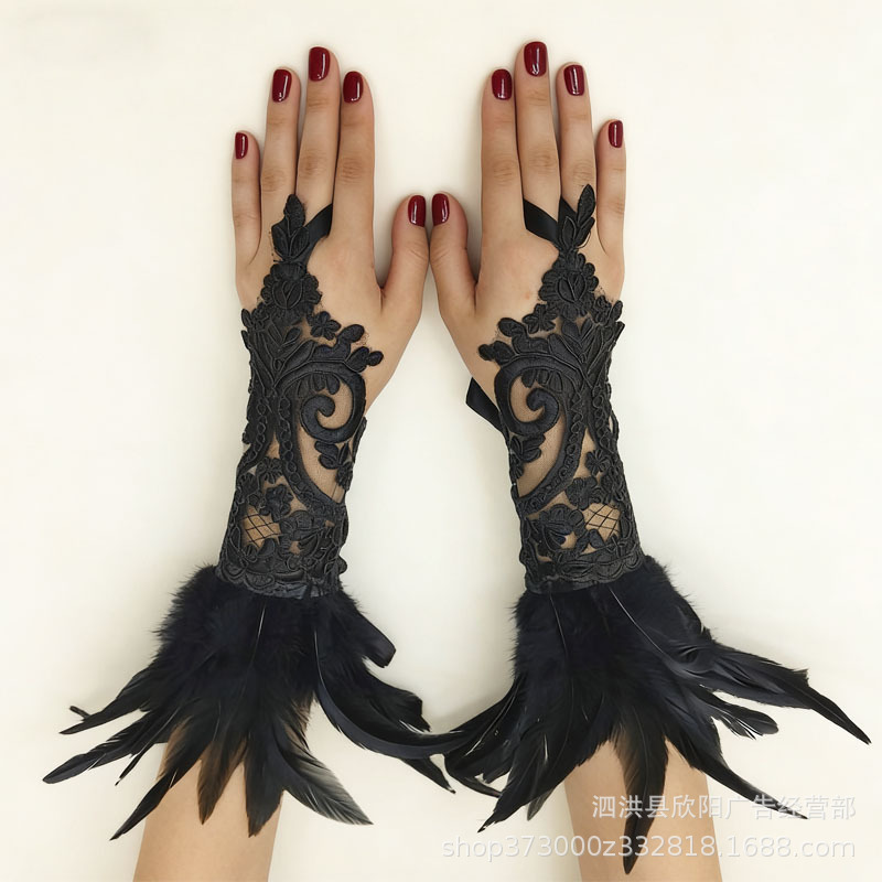 万圣节日舞会羽毛手套勾指绣花蕾丝手套黑色羽毛花边女巫手套跨境