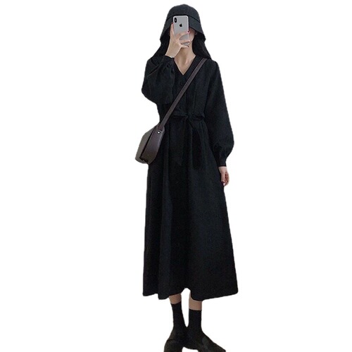 Coffee color shirt dress, women's morning and autumn new style French temperament retro Hepburn style long dress, waist skirt