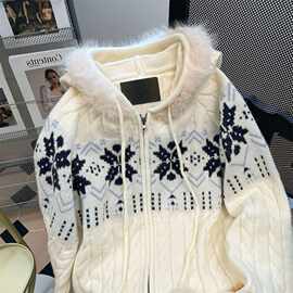 慵懒毛领连帽毛衣雪花秋季宽松针织开衫外套上衣新款图片色