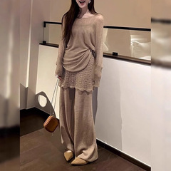 小香风气质穿搭一整套女秋装搭配蕾丝镂空针织衫上衣裤子两件套装