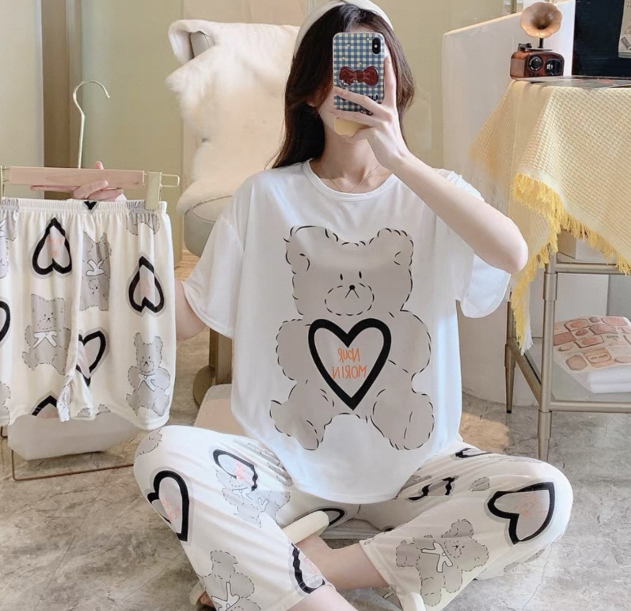 [conjunto de tres piezas] pijamas de mujer nuevo cuello redondo de verano manga corta ropa casera casual pantalones cortos sueltos set