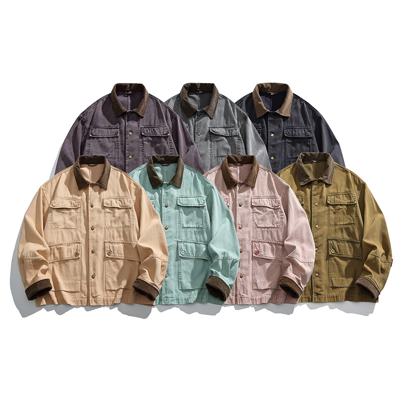 Japanese Vintage Work Jacket Men's Trendy Brand Loose plus size Multi-Pocket Corduroy Stitching Lapel Jacket Spring and Autumn Style