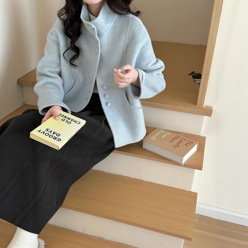 Rm Xiaoxiangfeng Korean Style Double-Sided Cashmere Outwear Women's Short Small Stand-Up Collar Classy Sweet Age-Reducing Woolen Outwear
