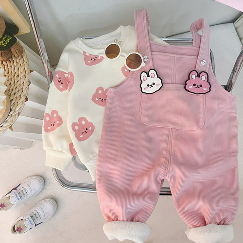 Boys' and Girls' Autumn and Winter Set  New Arrival Cute Baby Fleece Overalls Two-Piece Set for Toddlers 2457
