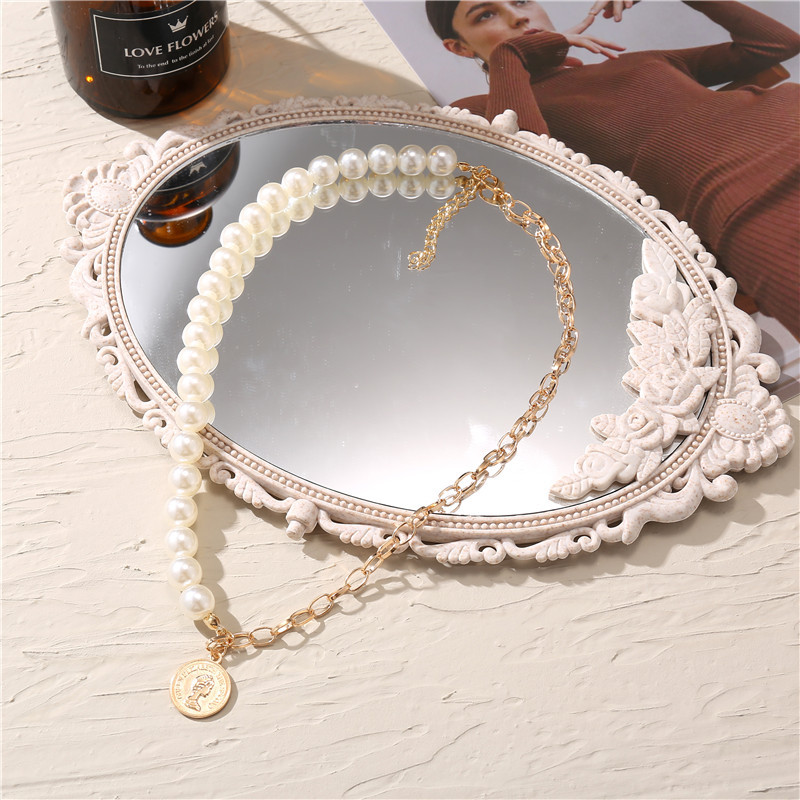 New coin head seal chain necklace disc pendant pearl necklace