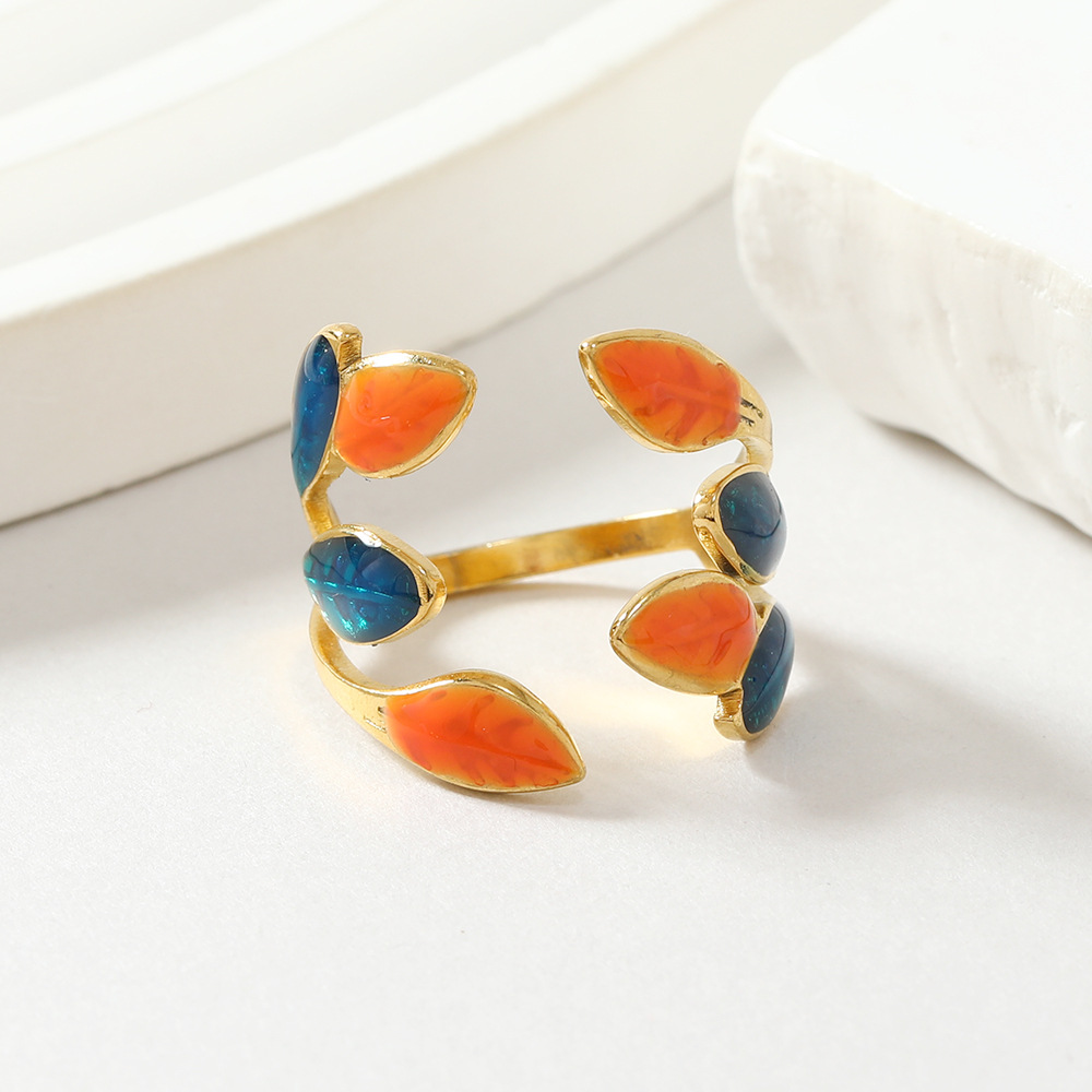 1 Piece Quantity Daily Occasion Stainless Steel IG Style Leaf Enamel Plating Open Rings