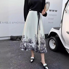 春季新款定位耶树花印花一片式马面裙气质优雅黑白半身裙112