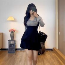 UNMUN大码300斤学院风辣妹假两件拼接长袖连衣裙高腰遮肉显瘦蛋糕