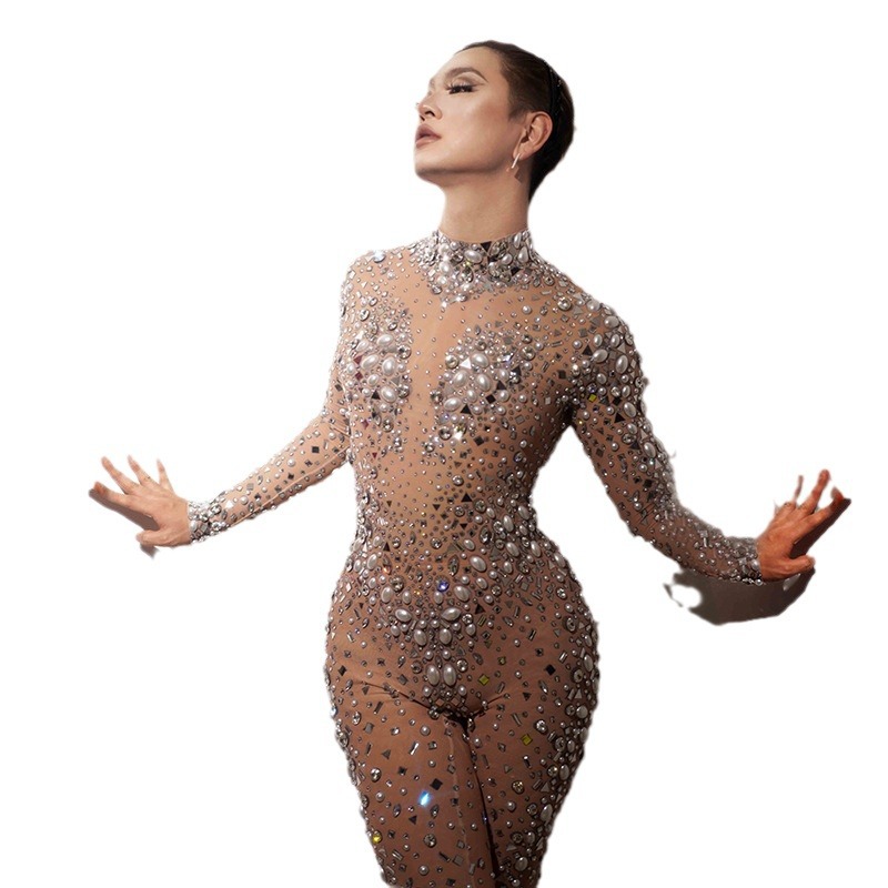 Novance rhinestone perla rendimiento actividad jumpsuit nuevo mono mujeres Club party bar image 5