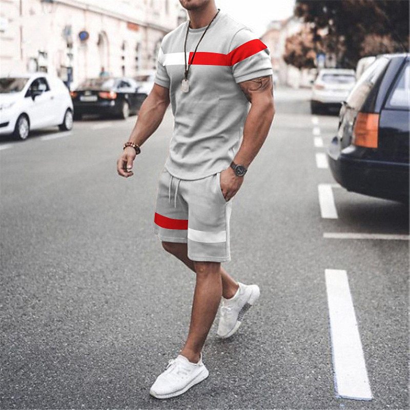 Comercio exterior europeo y americano verano nuevo estilo moda hombre simple impresión 3D a juego de color camiseta de manga corta traje de 2 piezas para hombre al por mayor