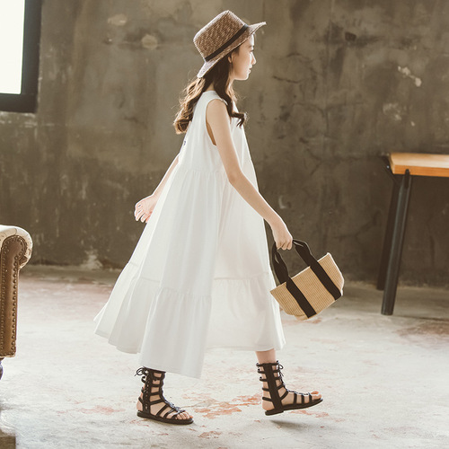 2024 summer Korean style mid-to-large girls dress long dress with large swing tank top cake seaside beach dress