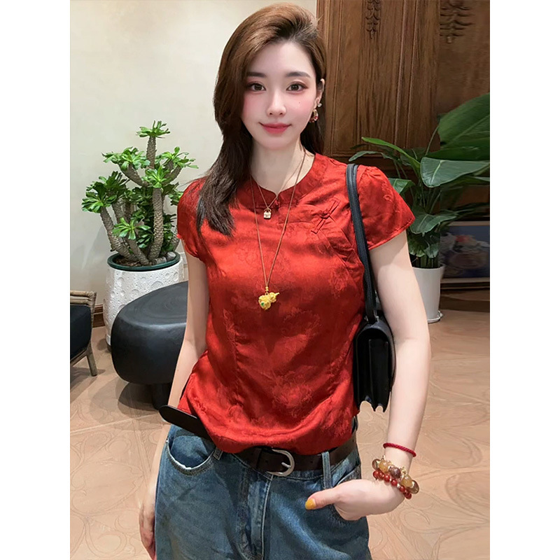新中式气质红色短袖衬衫女装2025夏季新款百搭显瘦贵气感国风上衣|undefined