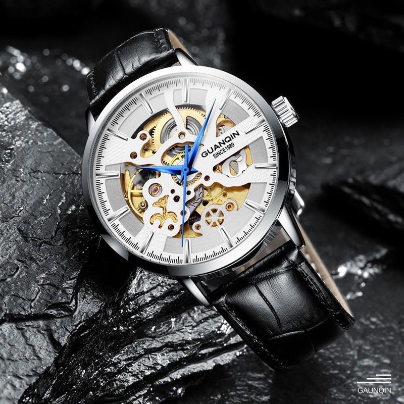 Guanqin Reloj mecánico para hombre Reloj de negocios de ocio deportivo automático hueco Reloj impermeable de cuero con correas de malla
