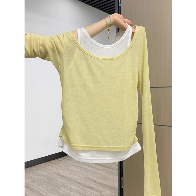 Cream-Colored Faux Two-Piece Color-Block Long-Sleeve T-Shirt for Women, Thin Style for Spring and Autumn, Pleated Waist, Slimming Inner Layer Tank Top