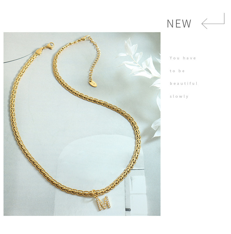 French Style Letter Titanium Steel Copper Plating Inlay Zircon Pendant Necklace 1 Piece