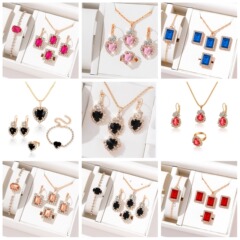欧米の個性的な水滴ドリルのネックレスのイヤリングの指輪のセットは光ります花嫁のアクセサリのメーカーの直接販売です。