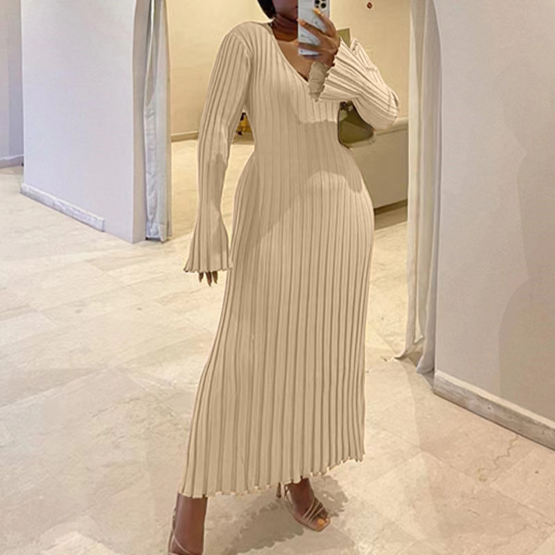 2026 Cross-Border Autumn and Winter New Knit Dress Casual Waist-Cinching V-Neck Large Ribbed Slimming Knit Long Dress for Women