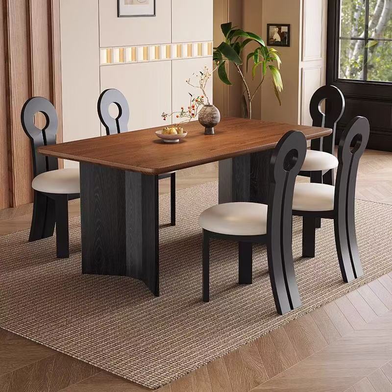 Mesa y silla de comedor de tablero de roca de grano de madera maciza retro, hogar moderno y simple, mesa de comedor de tablero de roca de viento minimalista rectangular de apartamento pequeño