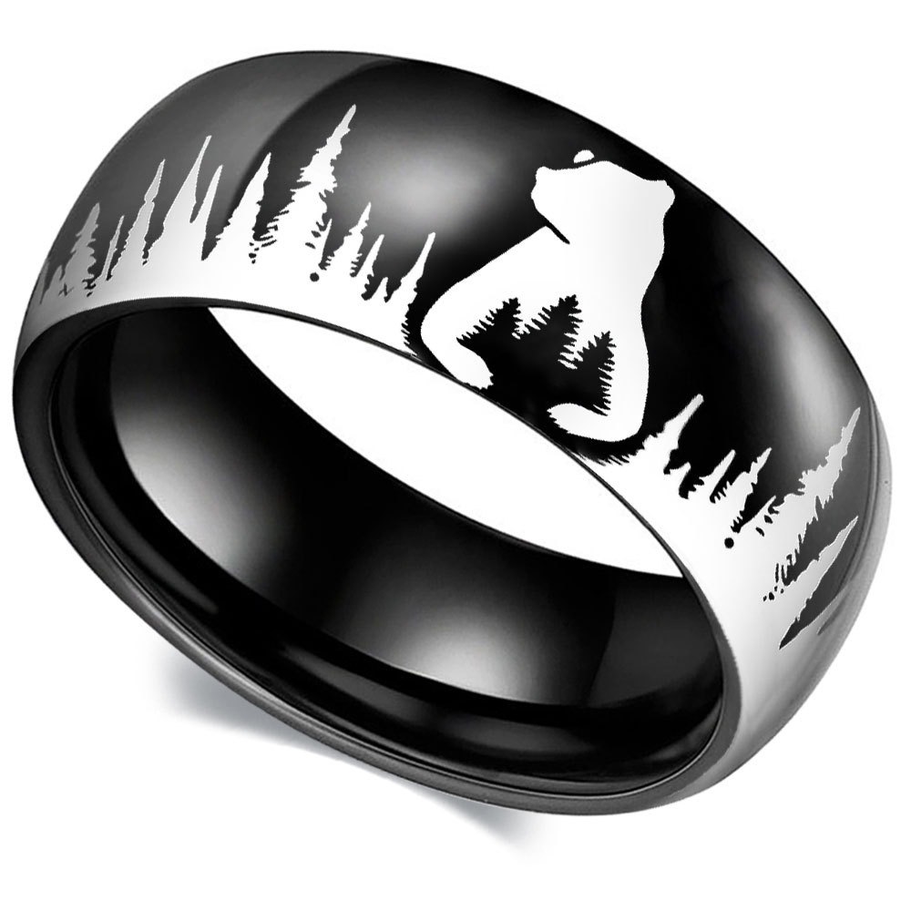 Cross-border jewelry bear in forest men's stainless steel ring titanium steel ring jewelry wholesale factory supply