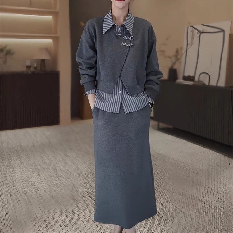 大码时尚显瘦套装裙女胖春秋宽松假两件衬衫领卫衣半身裙两件套|undefined