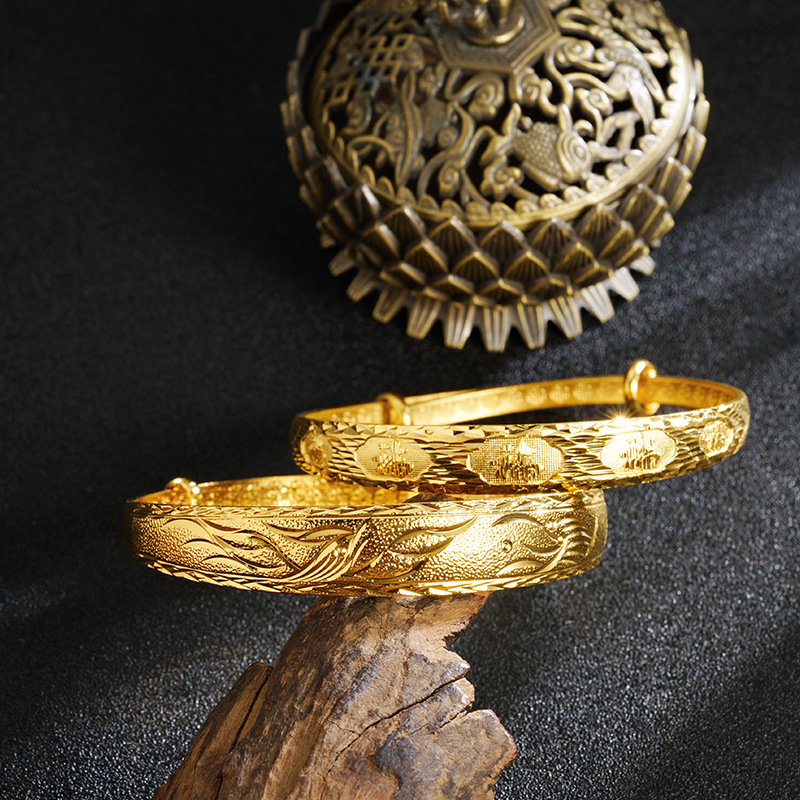 Pulsera de oro de arena vietnamita imitación oro Phoenix Fu palabra pull-pull estilo femenino durante mucho tiempo no se desvanece joyería retro de alta gama