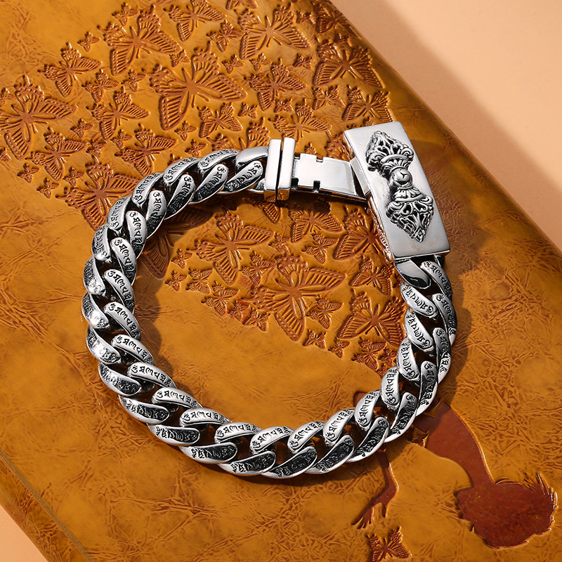 S925 sterling silver diamond pestle Cuban Bracelet Men's distressed Thai silver national fashion style silver bracelet trend accessories one-piece delivery