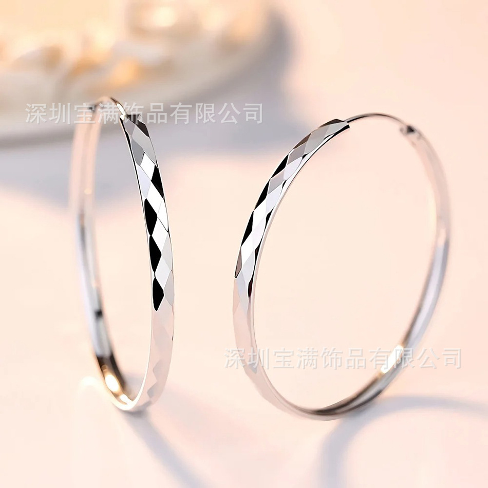 925 Silver Plated 50mm Engraved Hoop Earrings with European and American Diamond Pattern Large Earrings Temu Cross-Border Hot-Selling Wholesale Item