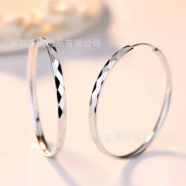 925 Silver Plated 50mm Engraved Hoop Earrings with European and American Diamond Pattern Large Earrings Temu Cross-Border Hot-Selling Wholesale Item