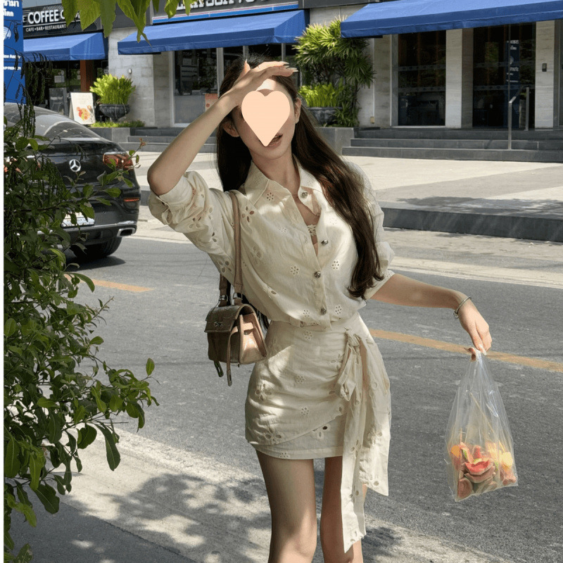 设计感镂空领衬衫上衣女春季新款高腰蝴蝶结绑带包臀裙两件套|undefined