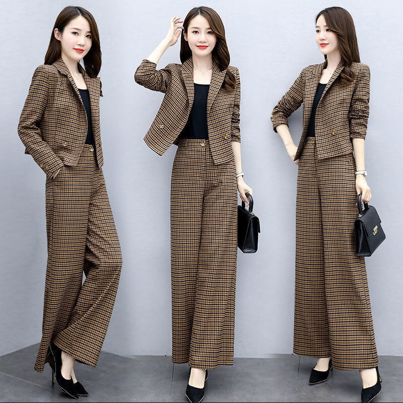 GraceChic Plaid Suit For Women Spring And Autumn 2023 New Korean Style Fashionable Age-Reducing Elegant Wide-Leg Pants Two-Piece_voghion.com