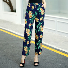 绵绸中老年女裤高腰九分裤大码松紧腰妈妈裤夏装直筒休闲薄款花裤