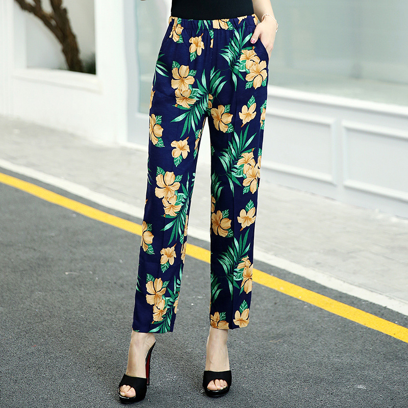 绵绸中老年女裤高腰九分裤大码松紧腰妈妈裤夏装直筒休闲薄款花裤