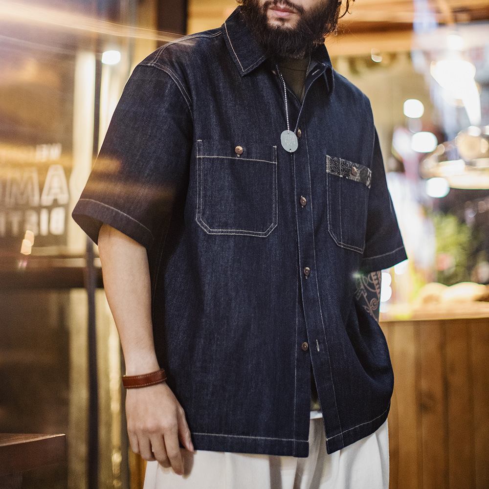 Madden Tooling American Style Retro boro Tannin Revival Denim Shirt Japanese Style Blue Dye Lapel Shirt Jacket for Men
