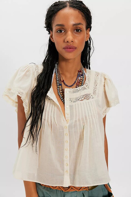 Cross-Border Amazon, French-Style Niche Summer Lace Patchwork Flutter Sleeve Square Neck Slightly Sheer Single-Breasted Babydoll Blouse