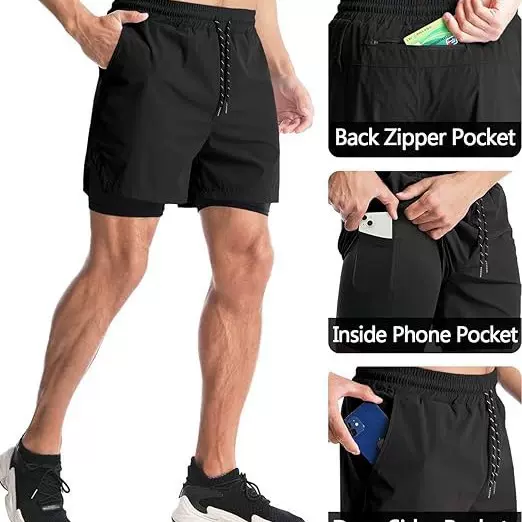二合一跨境外贸男士运动休闲短裤夏季新款纯色运动风透气百搭五分
