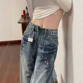 美式铆钉设计闪电纹牛仔裤男女宽松vintage高街水洗裤子