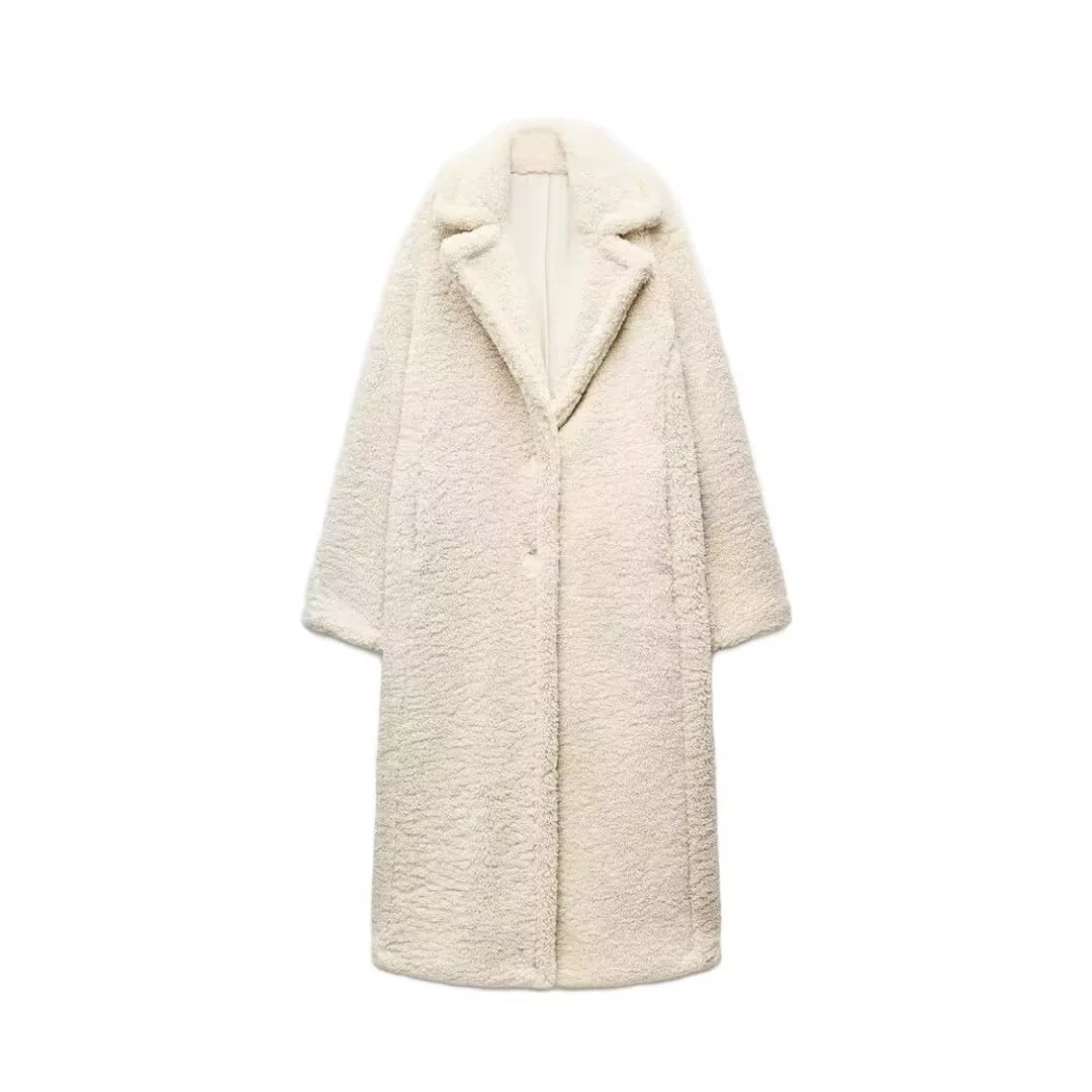 TRAFZA Keep-Warm Long Velvet Coat, Imported European Style, Black/Khaki/Apricot, Sizes XS-L