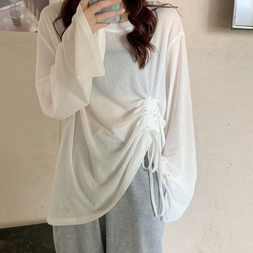 Sunscreen shirt women's ice silk knitted blouse spring/summer style loose-fitting drawstring long-sleeved thin shawl-style